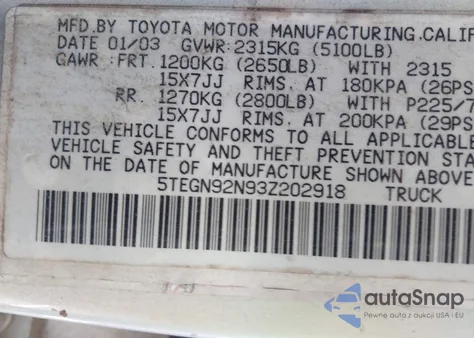 2003 Toyota Tacoma Prerunner V6 из США, поврежденный, VIN 5TEGN92N93Z202918